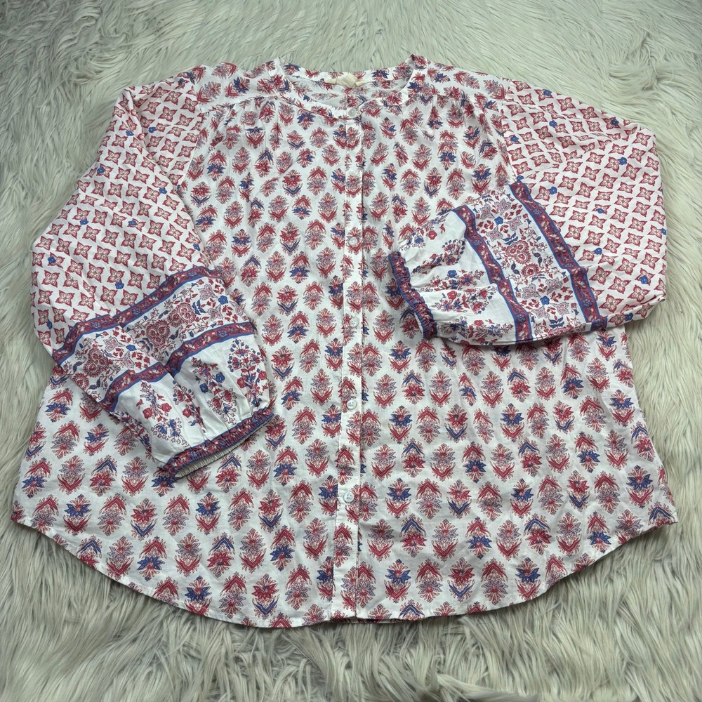 Lucky Brand Women's L Red Blue White Floral Balloon Sleeve Top Boho Peasant